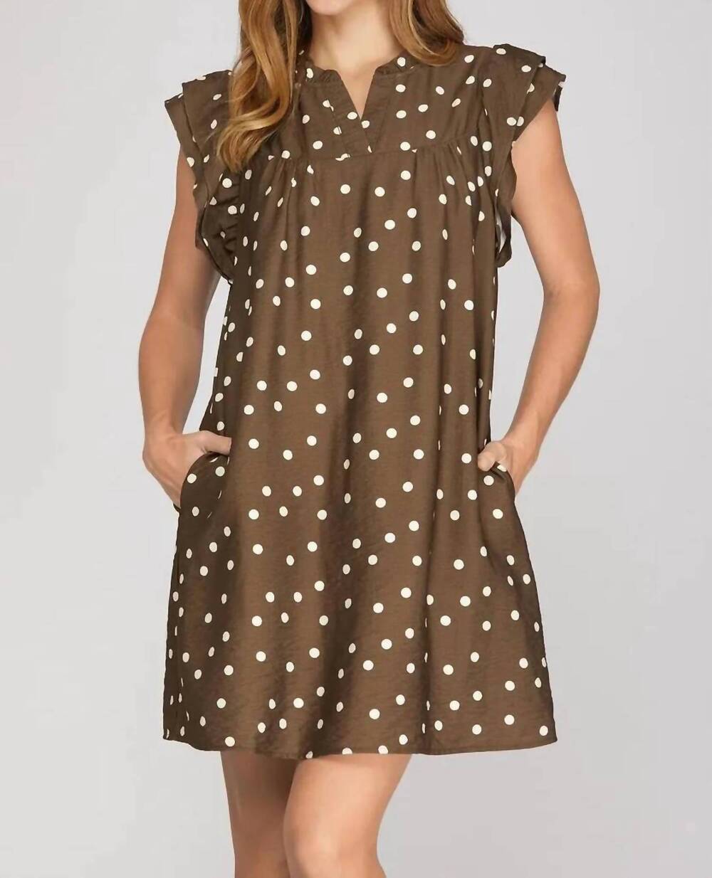 NEW SHE + SKY ruffle sleeve polka dot mini dress in brown